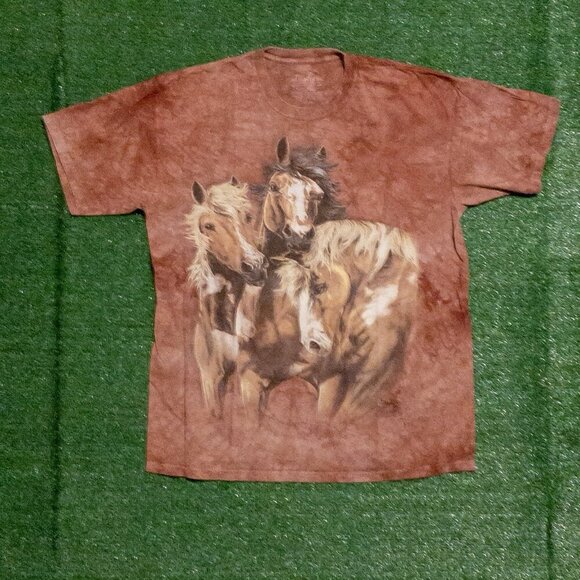 THE MOUNTAIN MENS T SHIRT BROWN MARBLE TIE DYE HORSES WILD NATURE SIZE XXL - Picture 3 of 7